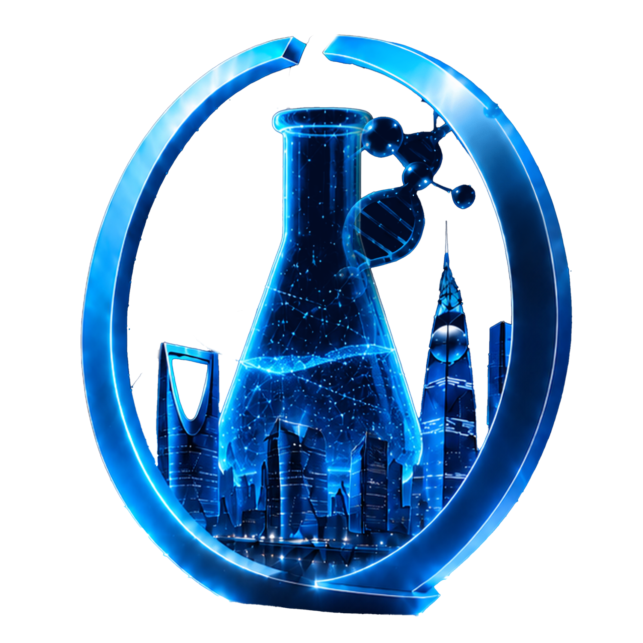 Futuristic medical laboratory concept — glowing molecular network, DNA helix, and the Riyadh skyline framed by a luminous ring